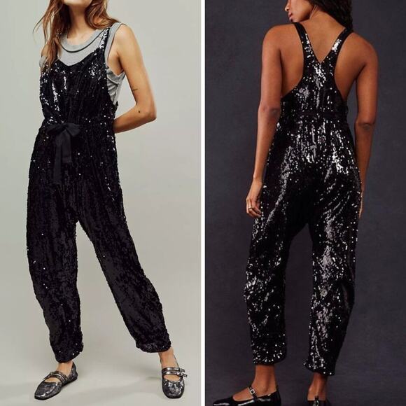 NEW FREE PEOPLE JUMPSUIT SEQUIN ONESIE BLACK EDGY GRUNGE WHIMSIGOTH GOTH BOHO - Picture 1 of 14